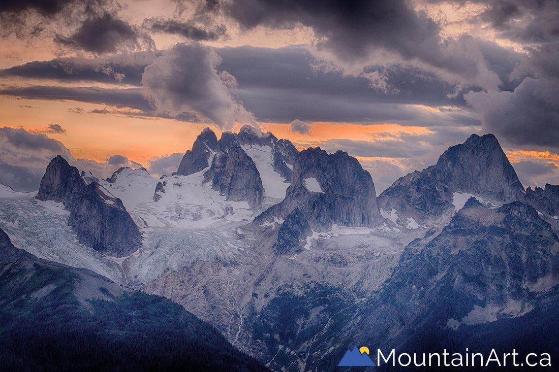 peaks of Bugaboo park after sunset from chalice ridge