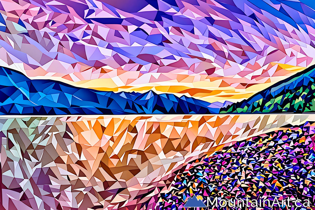 Abstract geometric Kootenay Lake landscape with colorful triangles and the Purcell mountain range.