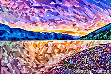 Abstract geometric Kootenay Lake landscape with colorful triangles and the Purcell mountain range.