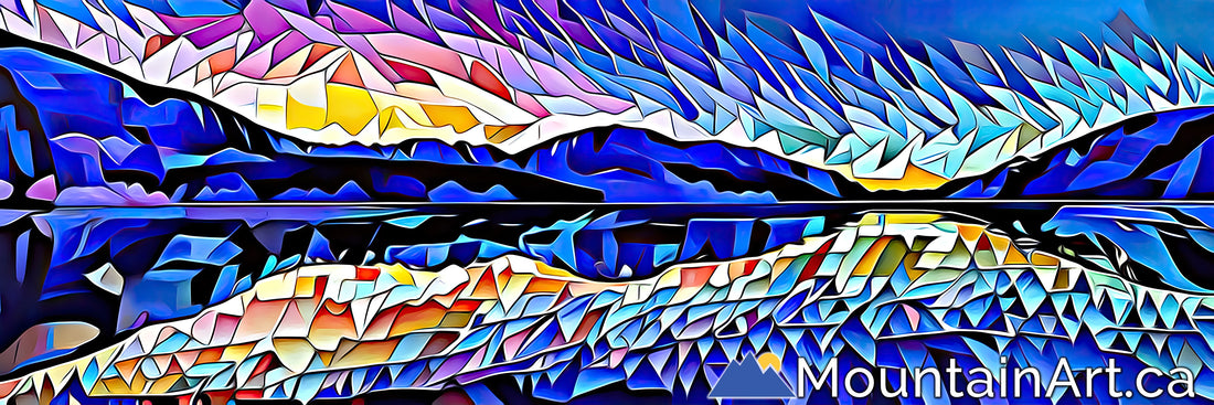 colorful sunset over Kootenay Lake BC geometric landscape art panorama 