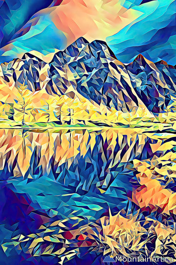 A digital artisan series photo featuring a geometric pattern of a mountain and trees in autumn colours reflecting on water.