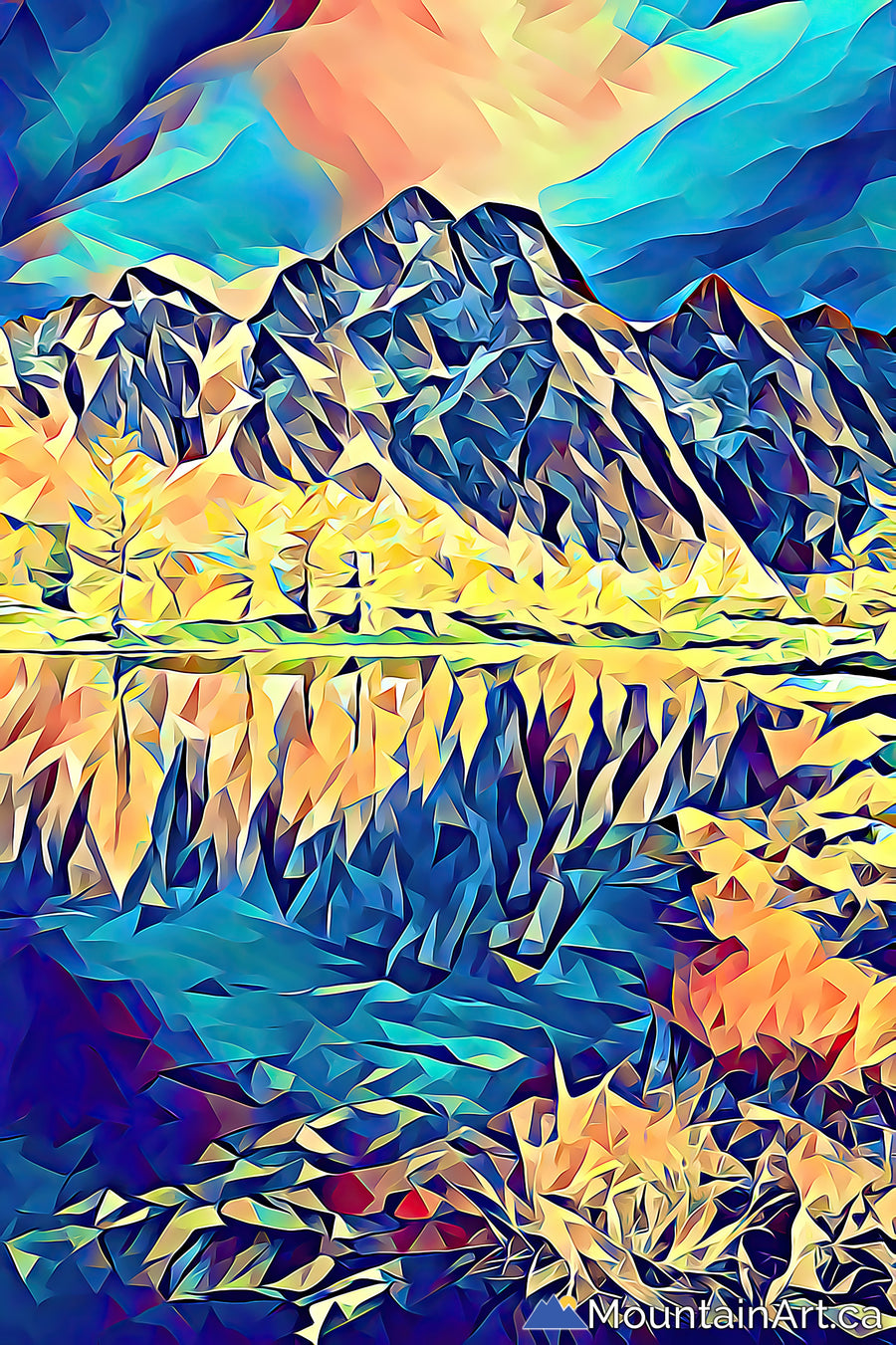 A digital artisan series photo featuring a geometric pattern of a mountain and trees in autumn colours reflecting on water.