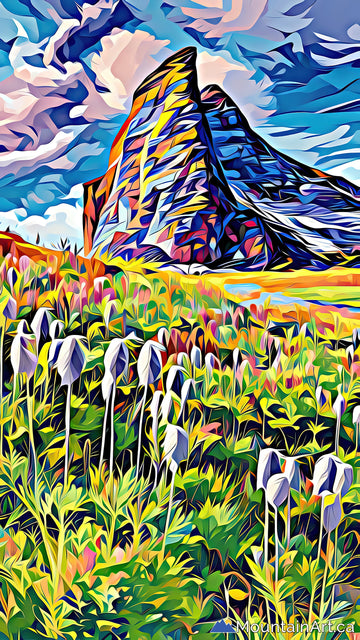 mt gimli of valhalla park with hippy head wildflowers in foreground as a geometric artwork 