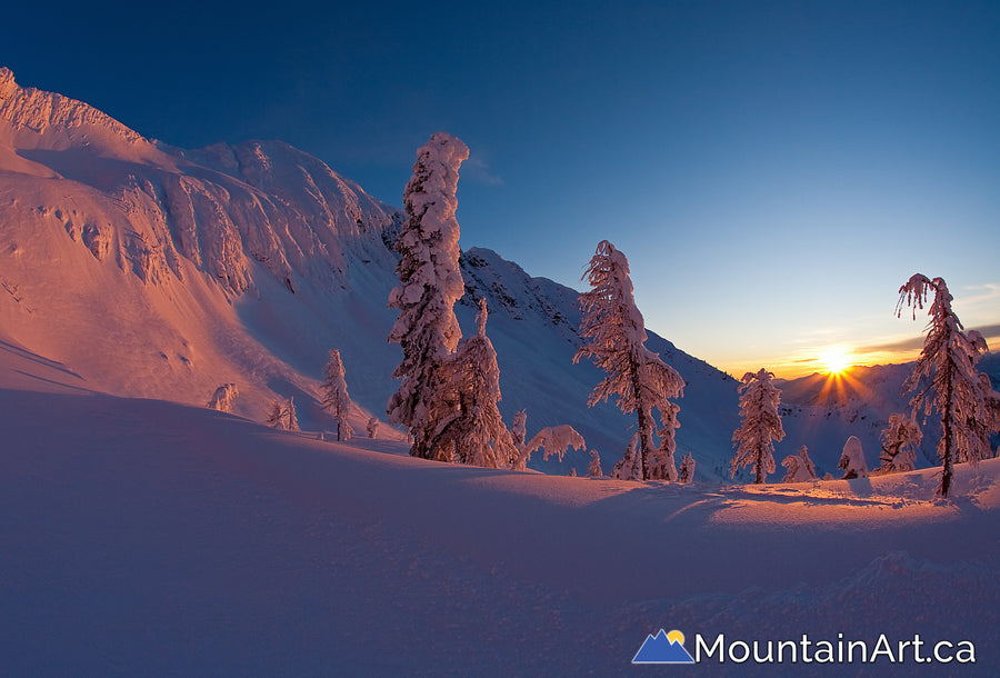 Ymir Bowl sunset, Whitewater Winter Resort backcountry, Nelson, BC, Canada.