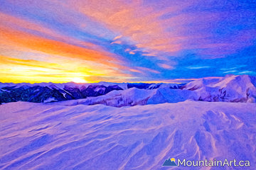 Sunset and Alpenglow on snowy mountain, Selkirk Mountains, BC.