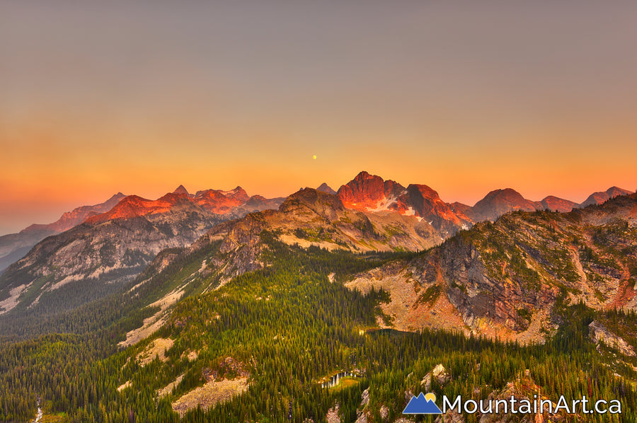 Sunset over Drinnon Pass and the Valhalla Mountains, BC, Canada.