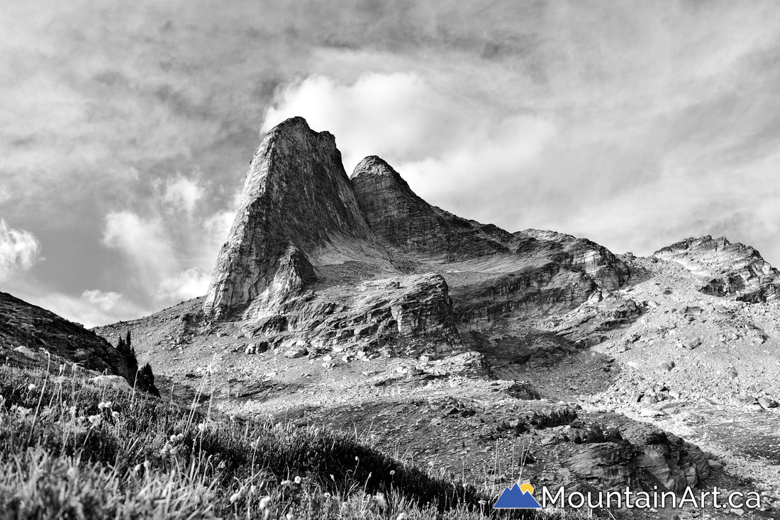 Black and white Mt Gimli towering to the sky, Valhalla Park, BC.