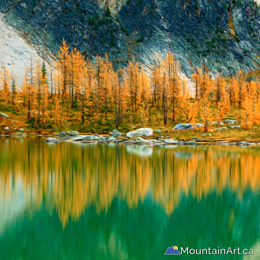 Golden larch trees reflecting in an alpine lake, digital painting.