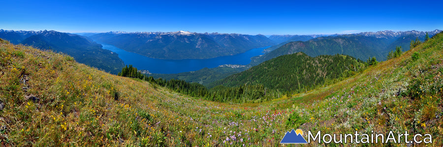 idaho peak wildflower panorama with slocan lake and valhalla park