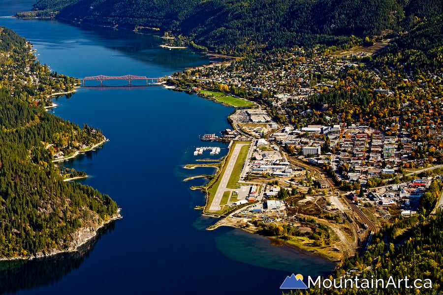 nelson bc fall aerial with big orange bridge