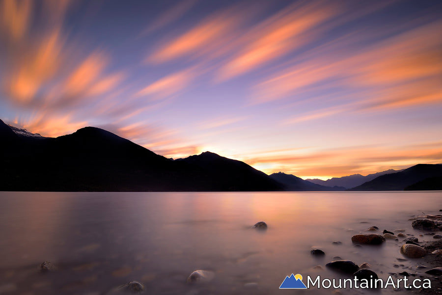 sunset over slocan lake valhalla in new denver bc