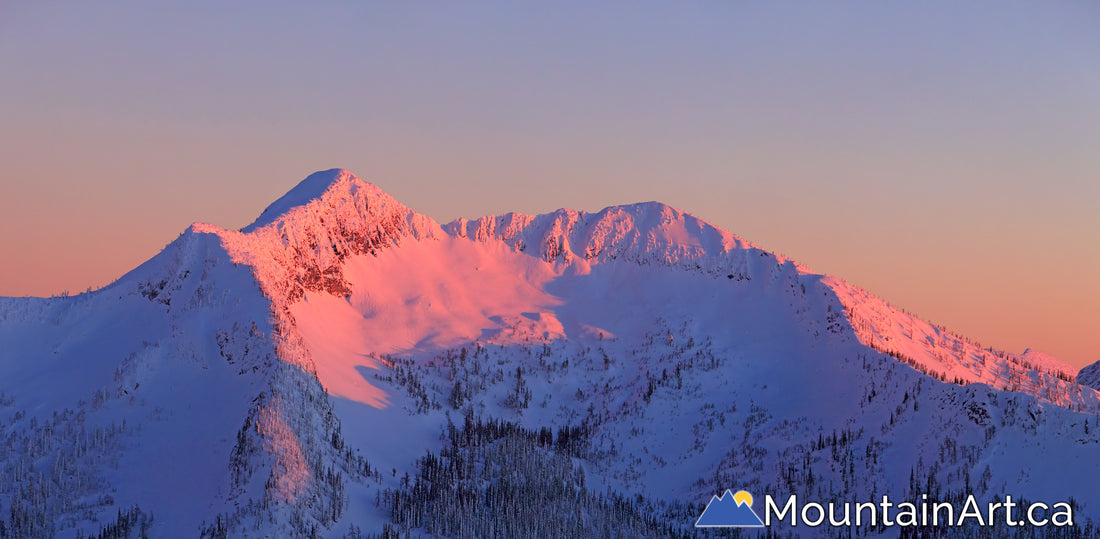 alpenglow sunset panorama on Qua basin, Whitewater backcountry, Nelsopn, BC.