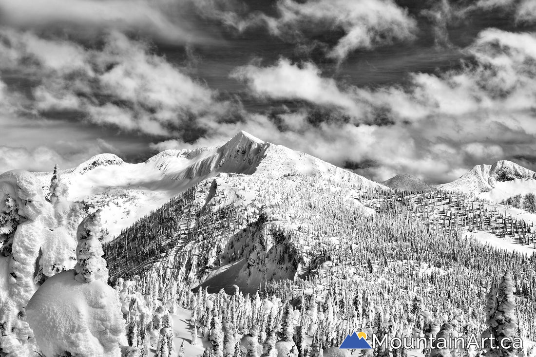 Whitewater ski hill backcountry ymir peak bowl winter black and white