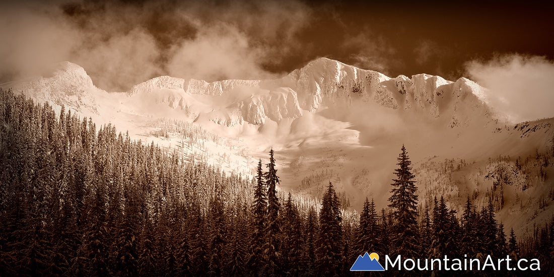 ymir peak and ymir bowl whitewater ski backcountry sepia tone